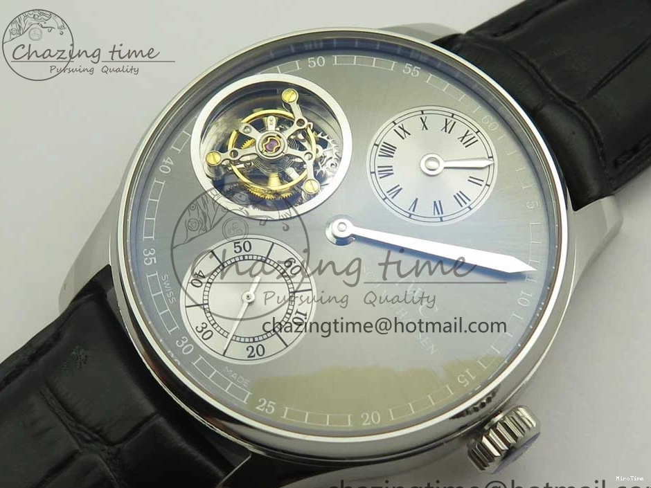 MIROTIME 0714 Popular Portuguese Flying Tourbillon SS Gray Dial 2 Sub Dials on Black Leather Strap 7159